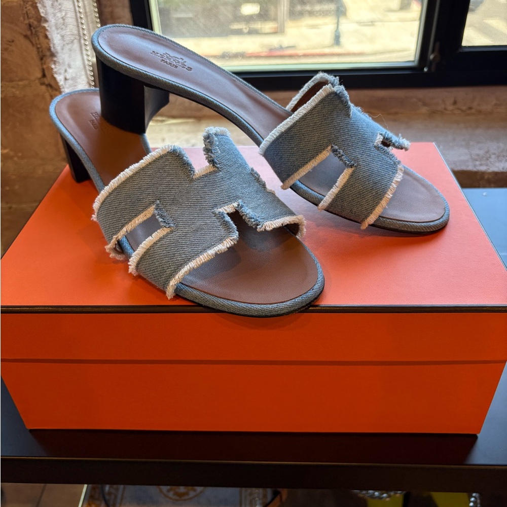 Hermes Blue Denim Heeled Slides
